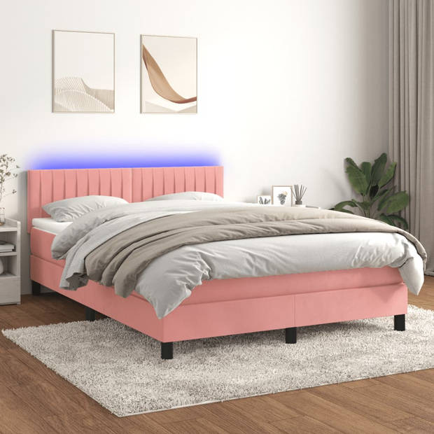 vidaXL Boxspring met matras en LED fluweel roze 140x200 cm