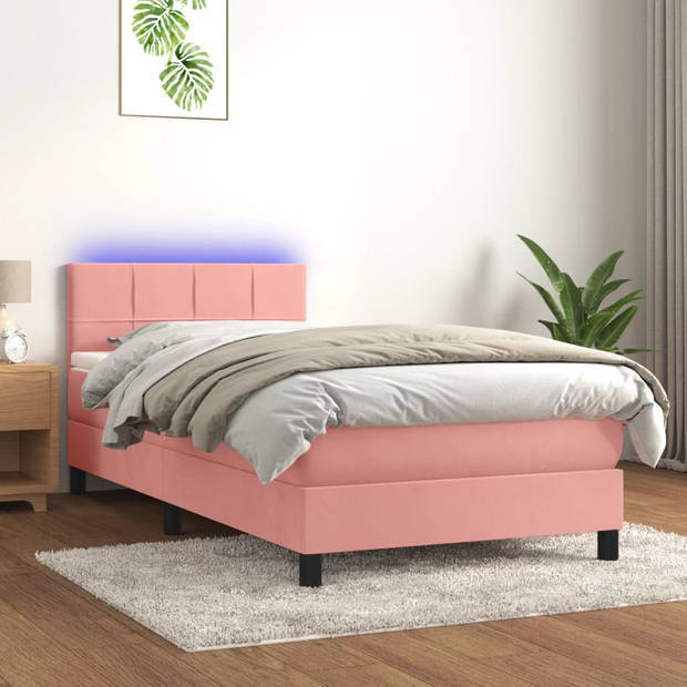 vidaXL Boxspring met matras en LED fluweel roze 90x190 cm