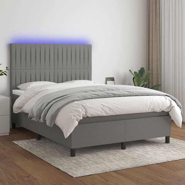 vidaXL Boxspring met matras en LED stof donkergrijs 140x190 cm