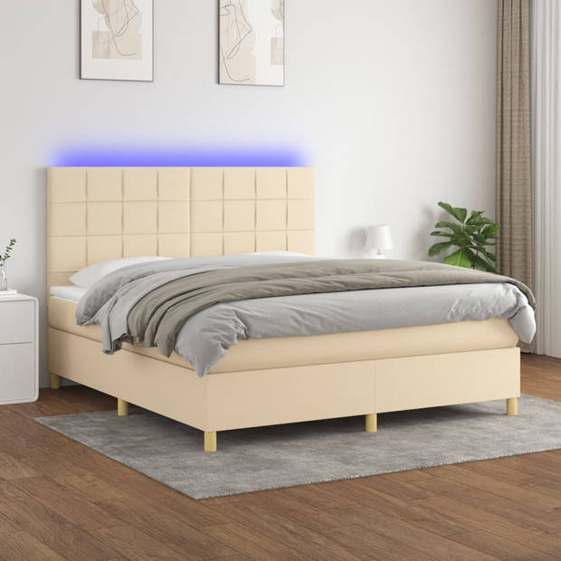 vidaXL Boxspring met matras en LED stof crèmekleurig 180x200 cm