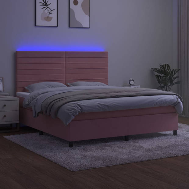 vidaXL Boxspring met matras en LED fluweel roze 180x200 cm