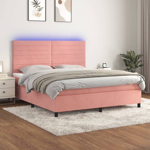 vidaXL Boxspring met matras en LED fluweel roze 180x200 cm