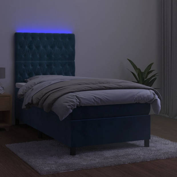 vidaXL Boxspring met matras en LED fluweel donkerblauw 90x200 cm