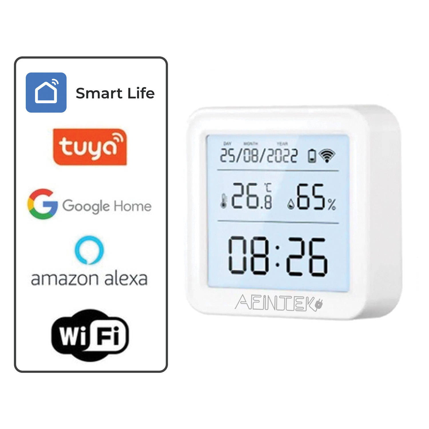 AFINTEK Smart Life WiFi Thermometer / Hygrometer Inclusief Datum & Tijd - USB-versie -