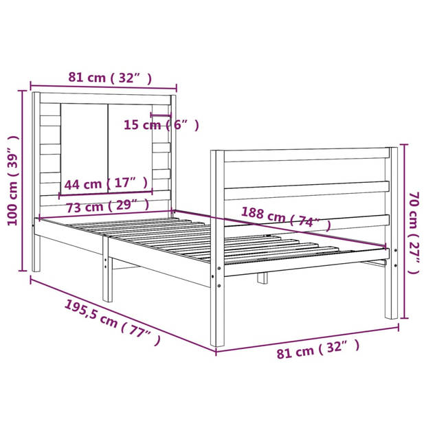 vidaXL Bedframe zonder matras massief grenenhout wit 75x190 cm