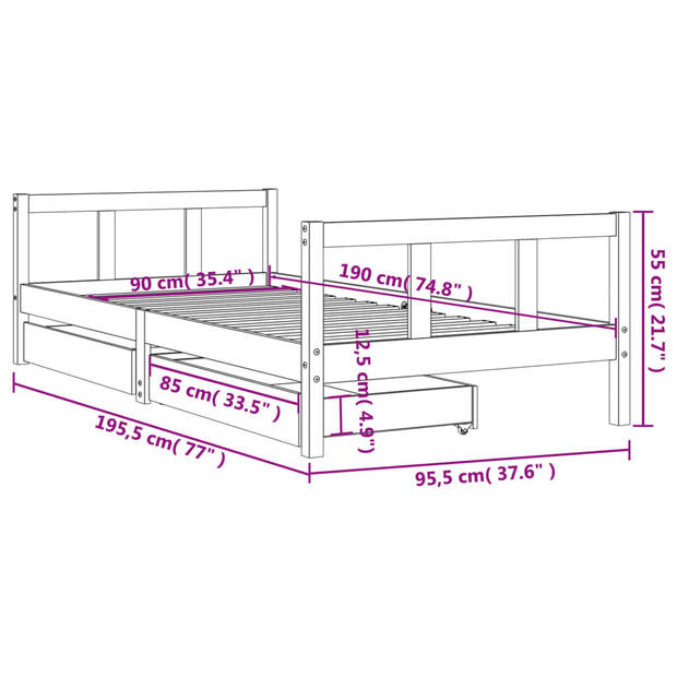 vidaXL Kinderbedframe met lades 90x190 cm massief grenenhout zwart