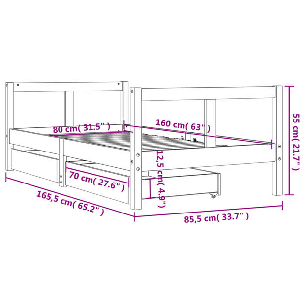 vidaXL Kinderbedframe met lades 80x160 cm massief grenenhout wit