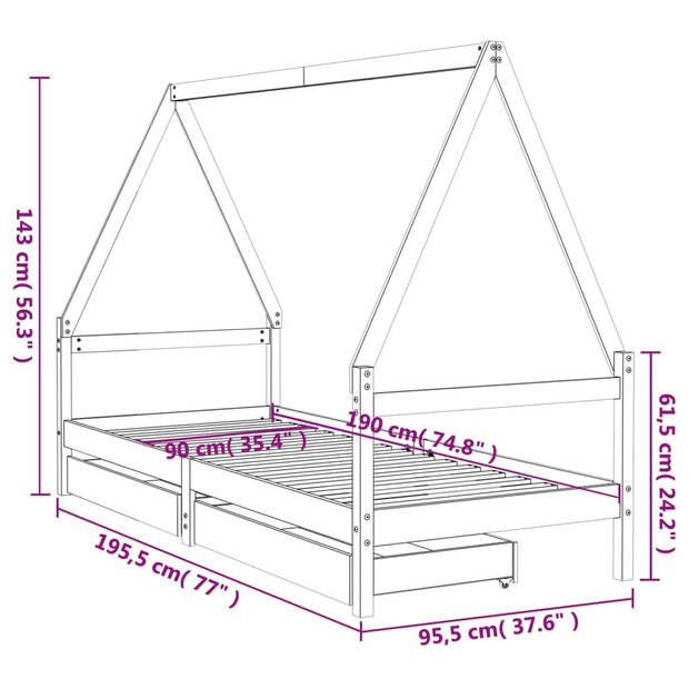 vidaXL Kinderbedframe met lades 90x190 cm massief grenenhout