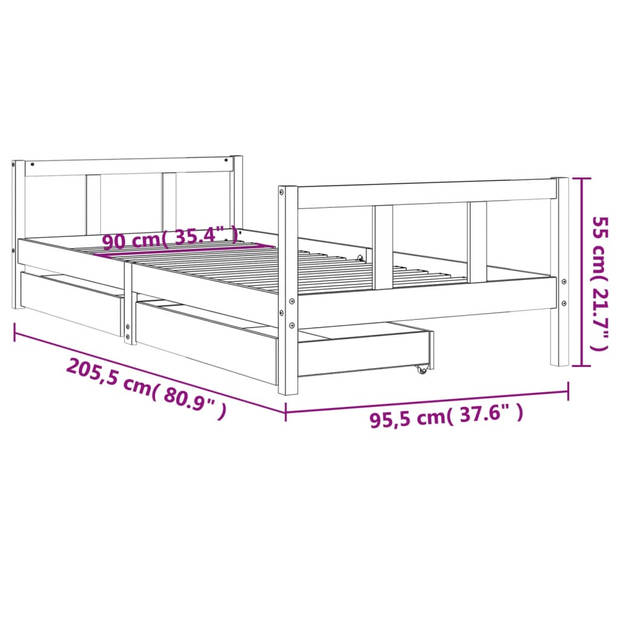 vidaXL Kinderbedframe met lades 90x200 cm massief grenenhout zwart