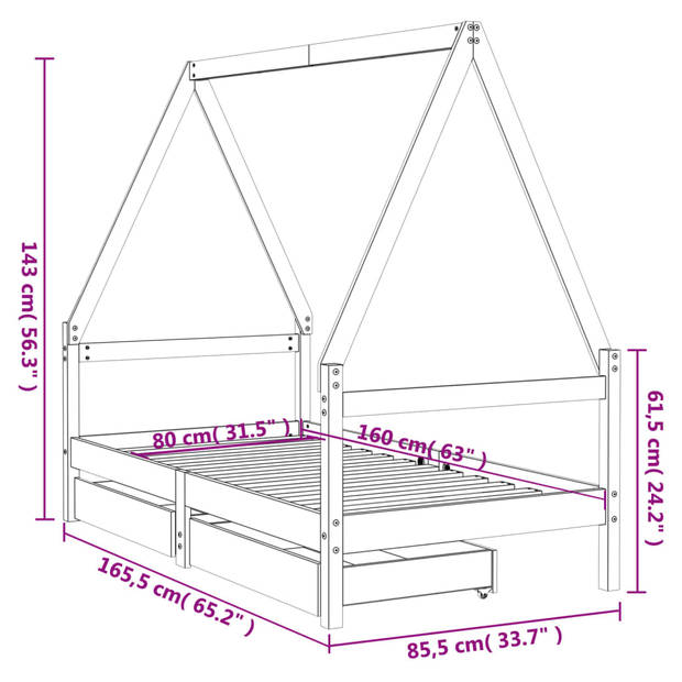 vidaXL Kinderbedframe met lades 80x160 cm massief grenenhout