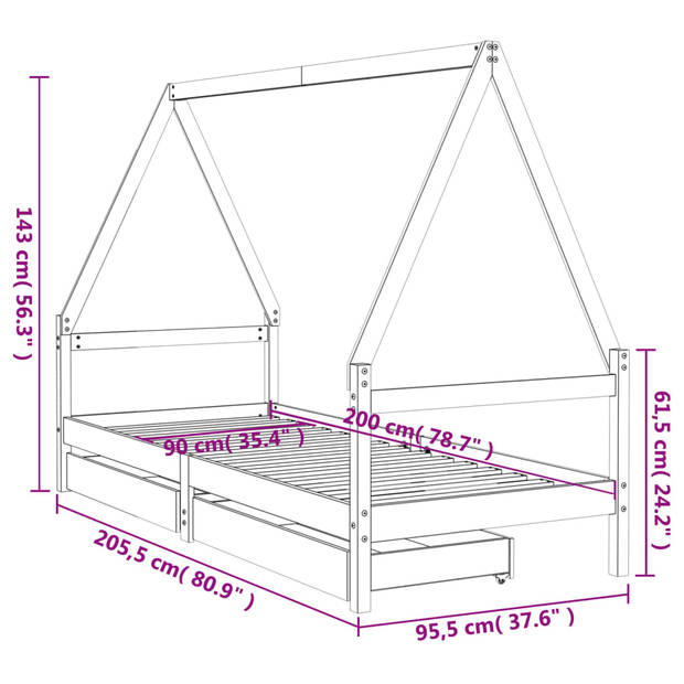 vidaXL Kinderbedframe met lades 90x200 cm massief grenenhout zwart