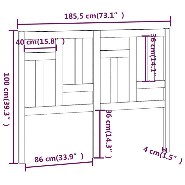 vidaXL Hoofdbord 185,5x4x100 cm massief grenenhout