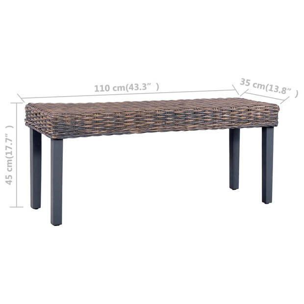 The Living Store Halbank Kubu Rattan - Grijs - 110 x 35 x 45 cm - Massief Mangohout