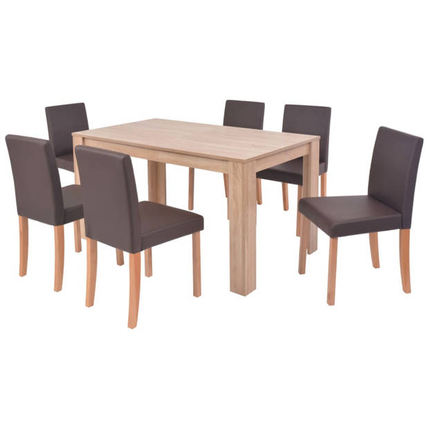 vidaXL Eettafel met stoelen kunstleer en eikenhout bruin 7 st