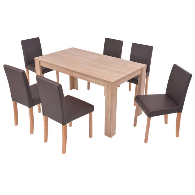 vidaXL Eettafel met stoelen kunstleer en eikenhout bruin 7 st