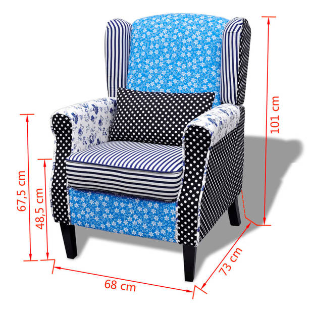 The Living Store Fauteuil Landelijk Blauw/Wit Patchwork - 68x73x101 cm - Houten frame