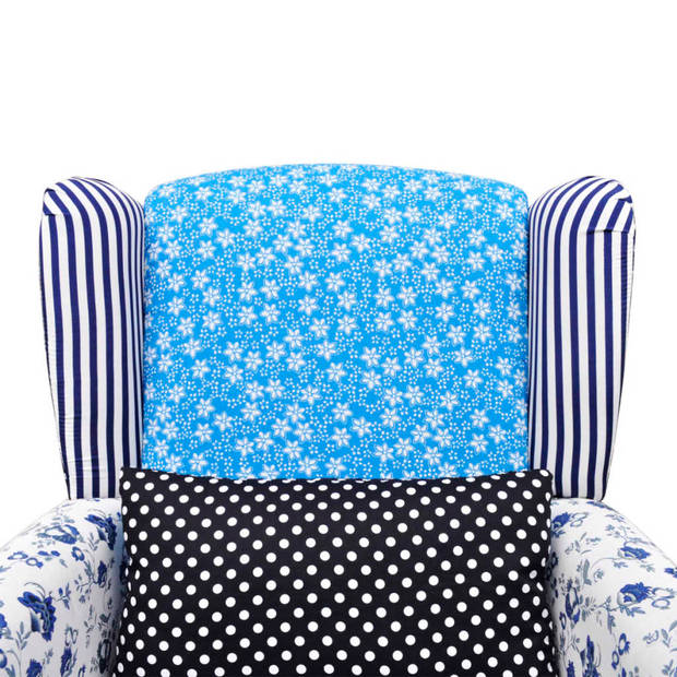 The Living Store Fauteuil Landelijk Blauw/Wit Patchwork - 68x73x101 cm - Houten frame