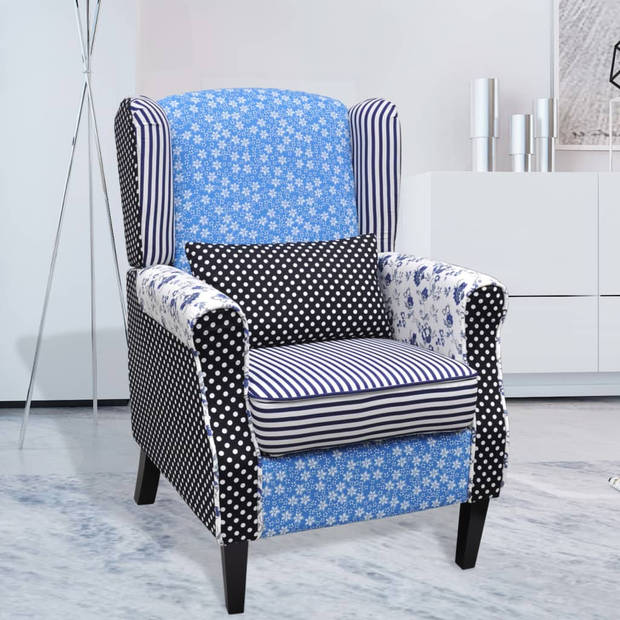 The Living Store Fauteuil Landelijk Blauw/Wit Patchwork - 68x73x101 cm - Houten frame