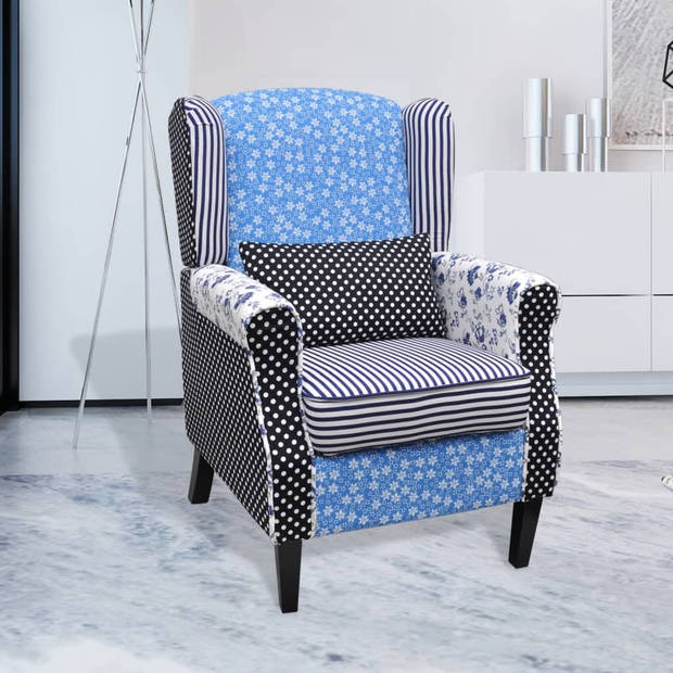 The Living Store Fauteuil Landelijk Blauw/Wit Patchwork - 68x73x101 cm - Houten frame