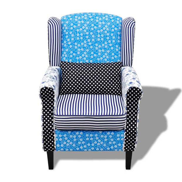 The Living Store Fauteuil Landelijk Blauw/Wit Patchwork - 68x73x101 cm - Houten frame