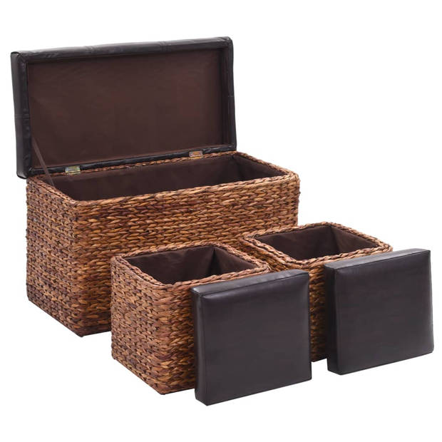 The Living Store Bankstel Zeegras - Bankje 75x38x46cm - Poefs 33x30x36cm - Bruin/Zwart