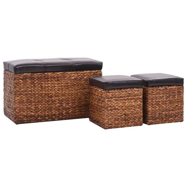 The Living Store Bankstel Zeegras - Bankje 75x38x46cm - Poefs 33x30x36cm - Bruin/Zwart