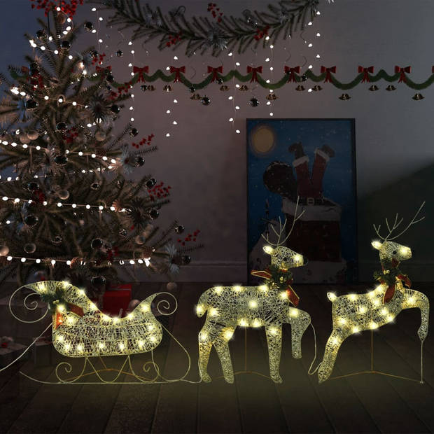 The Living Store Tuindecoratie - Kerstverlichting Rendieren met Arrenslee - Goud - Gaas/Metaal - 63x16x40 cm - 39x16x64