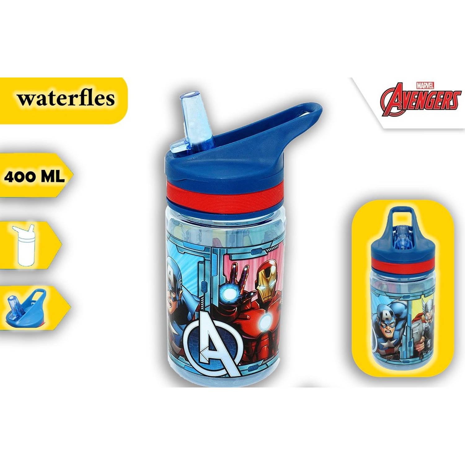 Avengers drink waterfles tritan 400 ML - Kinderen waterfles met rietje - Waterfles voor kinderen