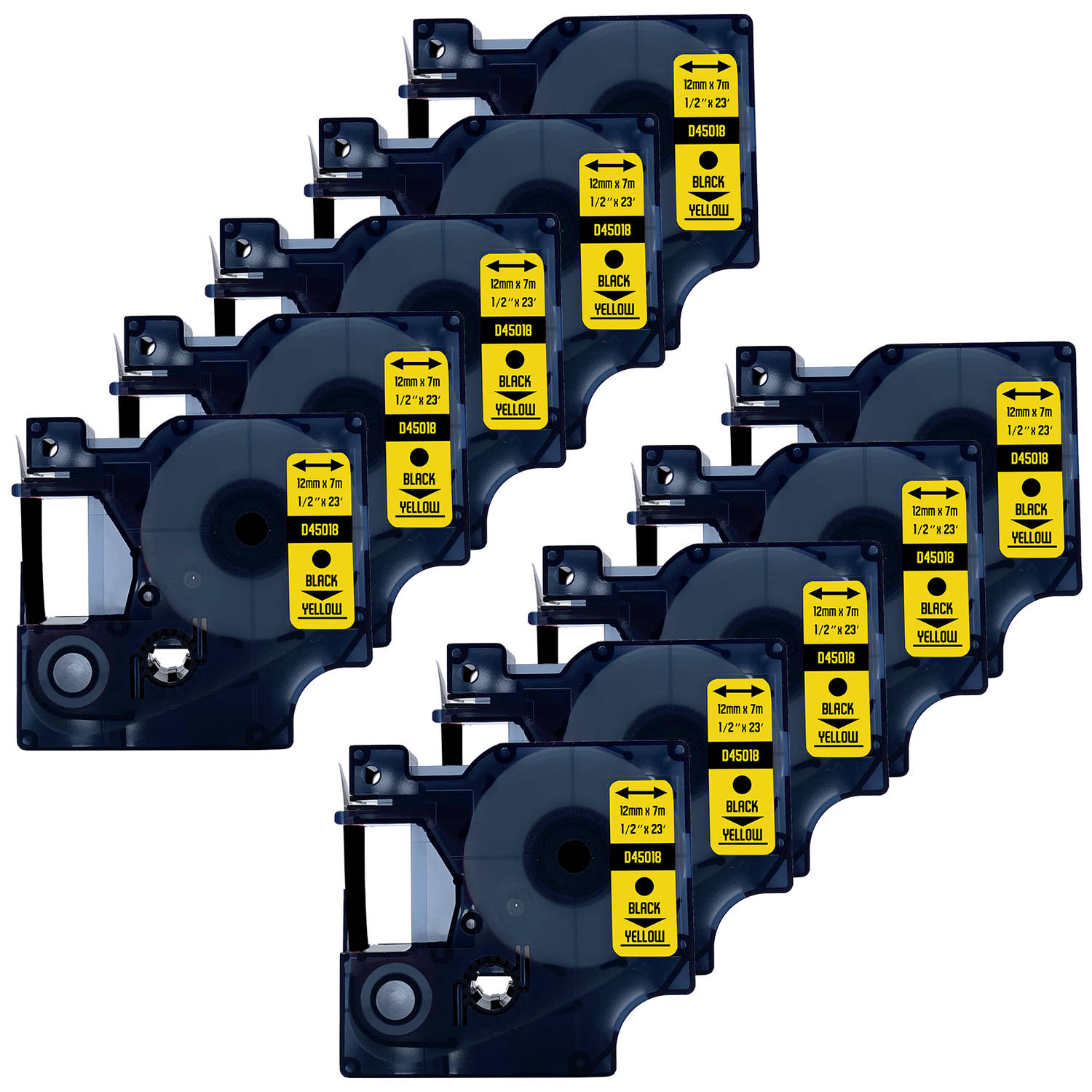 DULA Dymo D1 45018 S0720580 Compatible label tape 10 lettertapes Zwart op geel 12mm x 7m