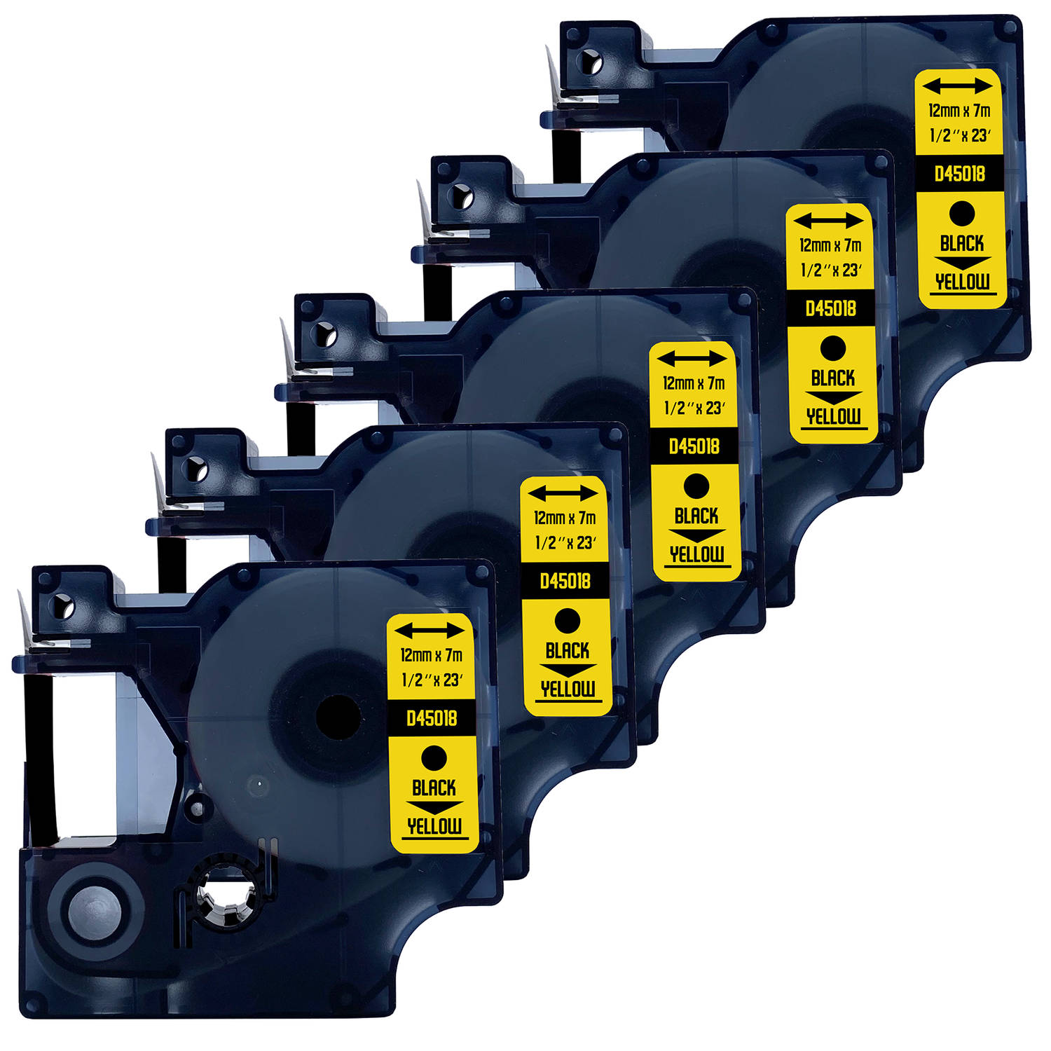 DULA Dymo D1 45018 S0720580 Compatible label tape 5 lettertapes Zwart op geel 12mm x 7m