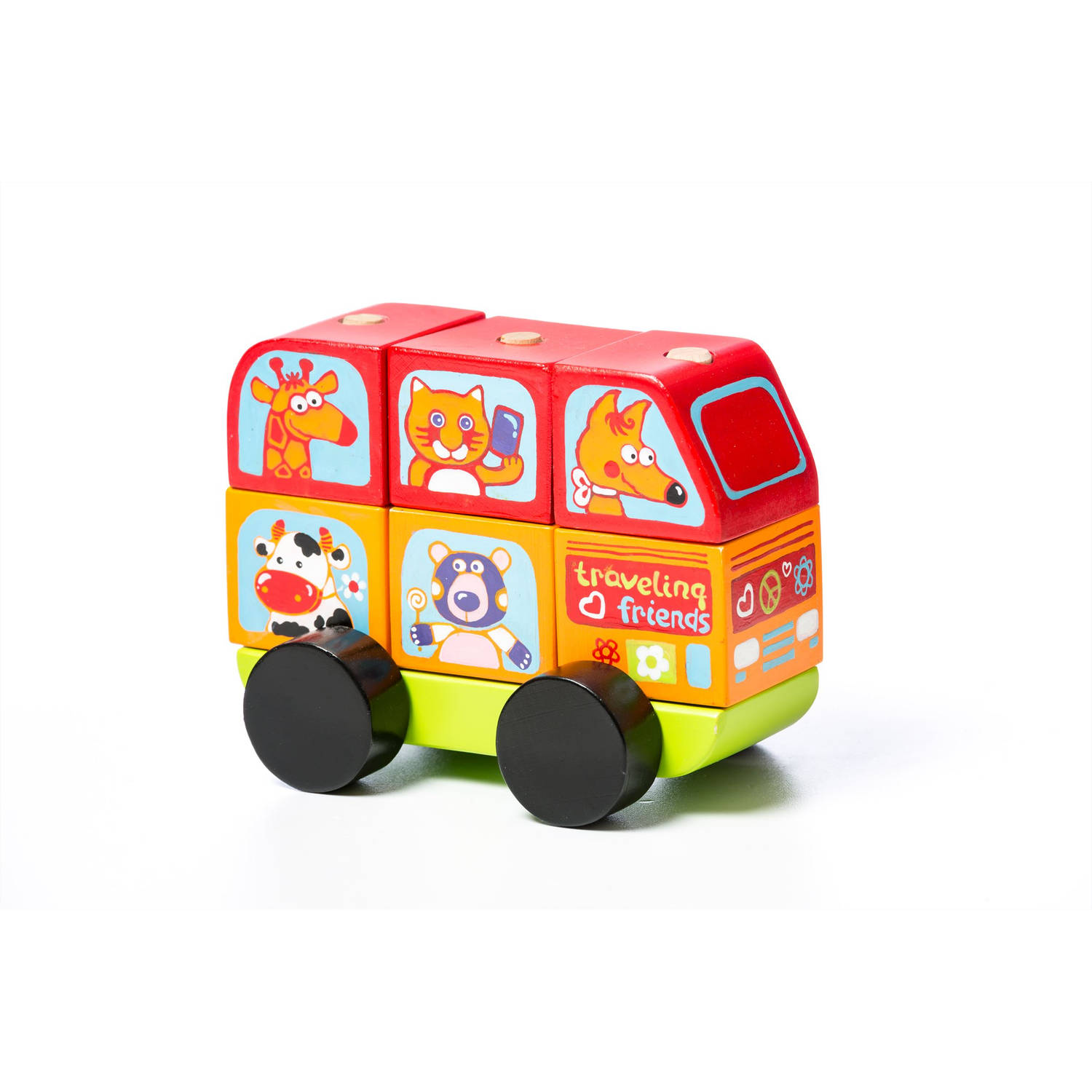 Cubika houten sorteerfiguur mini-bus vrolijke dieren