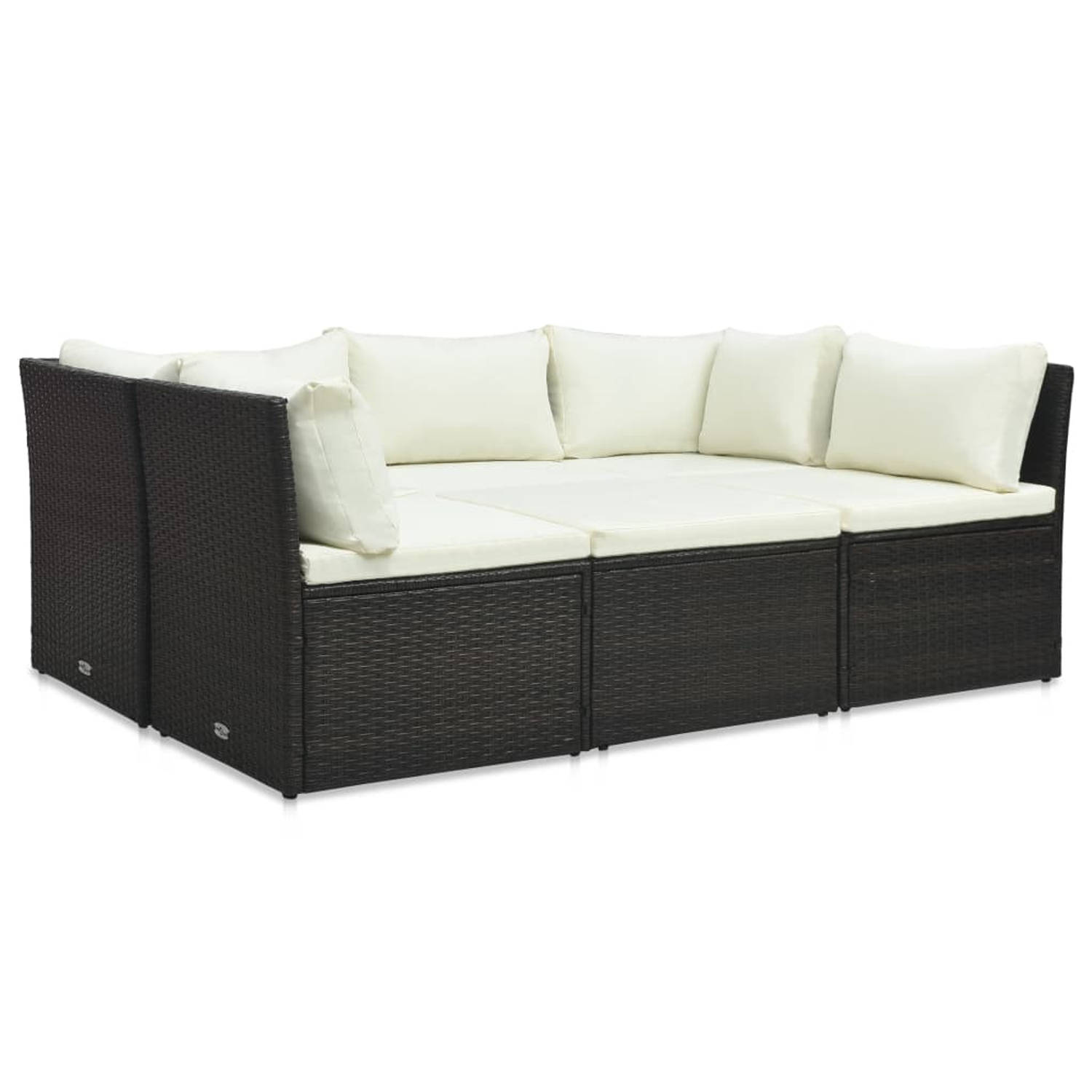 The Living Store Loungeset - Poly rattan - Bruin-Wit - 180x63x66 cm - Inclusief kussens