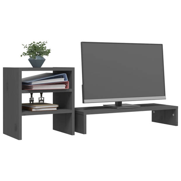 vidaXL Monitorstandaard 81x20x30 cm massief grenenhout grijs