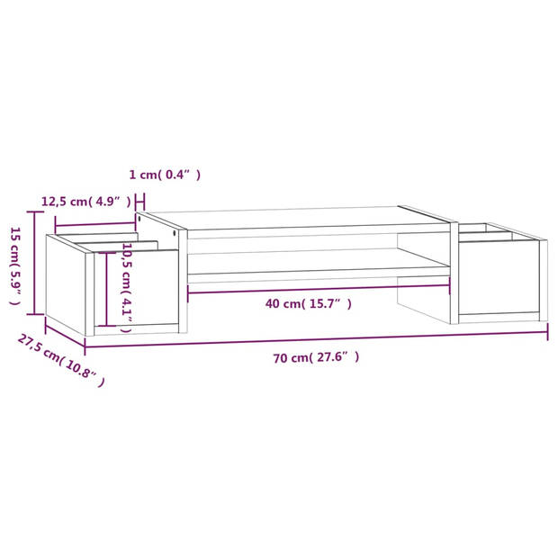 vidaXL Monitorstandaard 70x27,5x15 cm massief grenenhout grijs