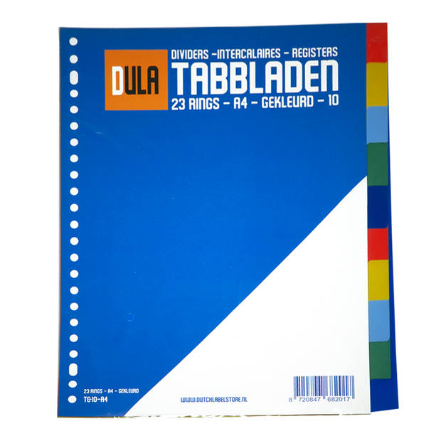 DULA Tabbladen gekleurd plastic - 10 tabs - A4 - 23 gaten - 5 kleuren - PP