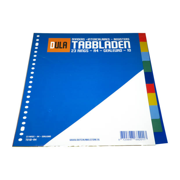 DULA Tabbladen gekleurd plastic - 10 tabs - A4 - 23 gaten - 5 kleuren - PP