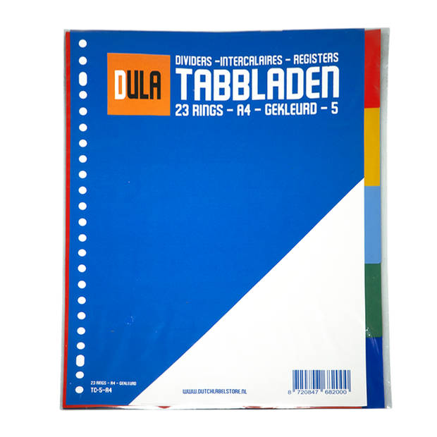 DULA Tabbladen gekleurd plastic - 5 tabs - A4 - 23 gaten - 5 kleuren - PP