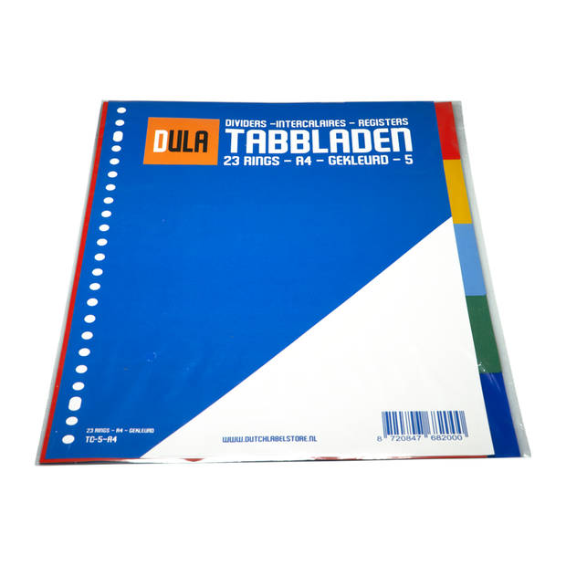 DULA Tabbladen gekleurd plastic - 5 tabs - A4 - 23 gaten - 5 kleuren - PP