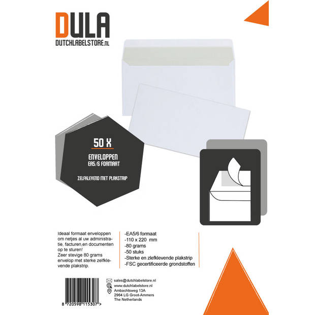 DULA - EA5/6 Enveloppen - 110 x 220 mm - 50 Stuks - Zelfklevend met plakstrip - 80 gram