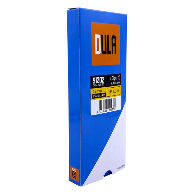 DULA - Dymo LetraTag 91202 - S0721620 - Label Tape - Zwart op Geel plastic - 12mm x 4m - 3 Stuks