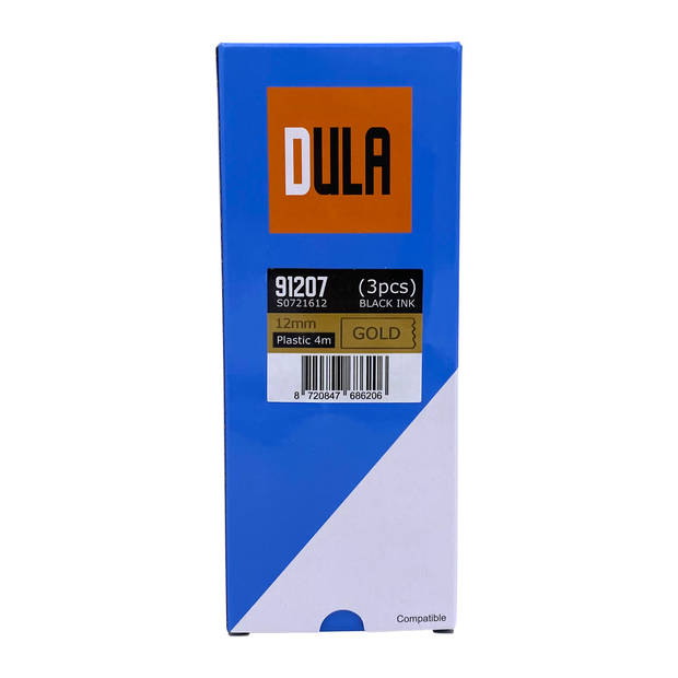 DULA label tape - Compatible met Dymo LetraTag 91207 / S0721612 - 3 stuks - Zwart op Goud plastic - 12mm x 4m