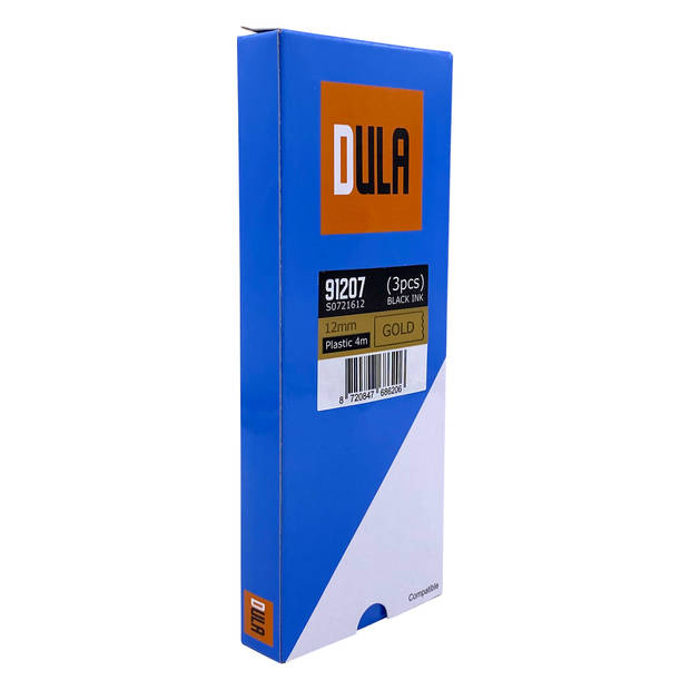 DULA label tape - Compatible met Dymo LetraTag 91207 / S0721612 - 3 stuks - Zwart op Goud plastic - 12mm x 4m