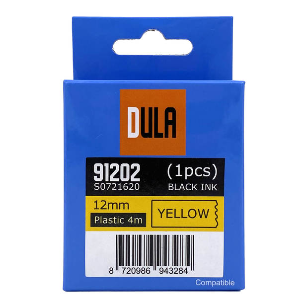 DULA label tape - Compatible met Dymo LetraTag 91202 / S0721620 - 1 stuk - Zwart op Geel plastic - 12mm x 4m