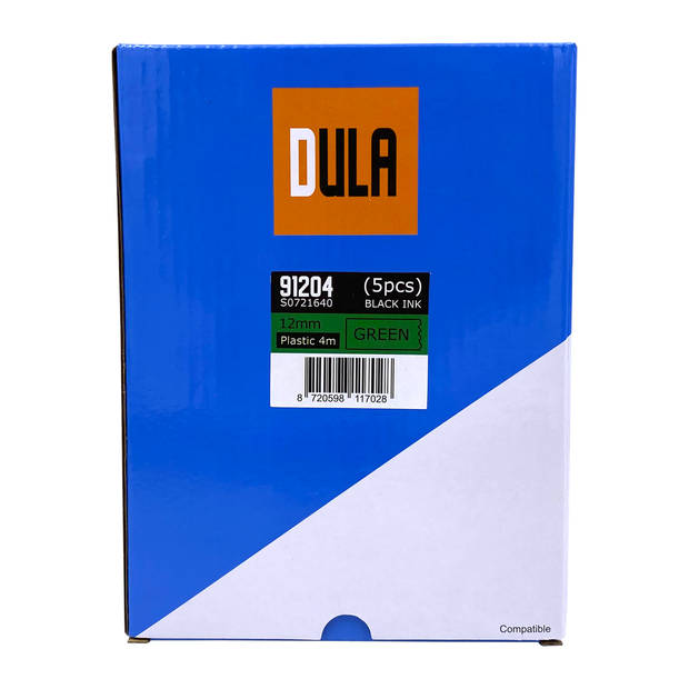DULA - Dymo LetraTag 91204 - S0721640 - Label Tape - Zwart op Groen plastic - 12mm x 4m - 5 Stuks