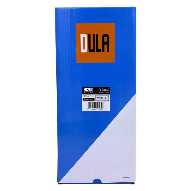 DULA label tape - Compatible met Dymo LetraTag 91200 / S0721510 - 10 stuks - Zwart op Wit papier - 12mm x 4m