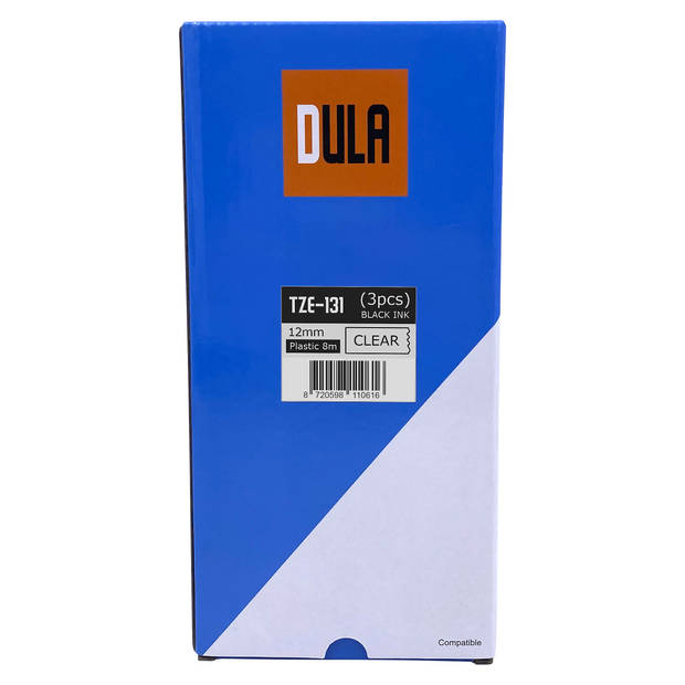 DULA label tape - Compatible met Brother P-Touch Tze-131 - 3 stuks - Zwart op transparant - 12mm x 8m