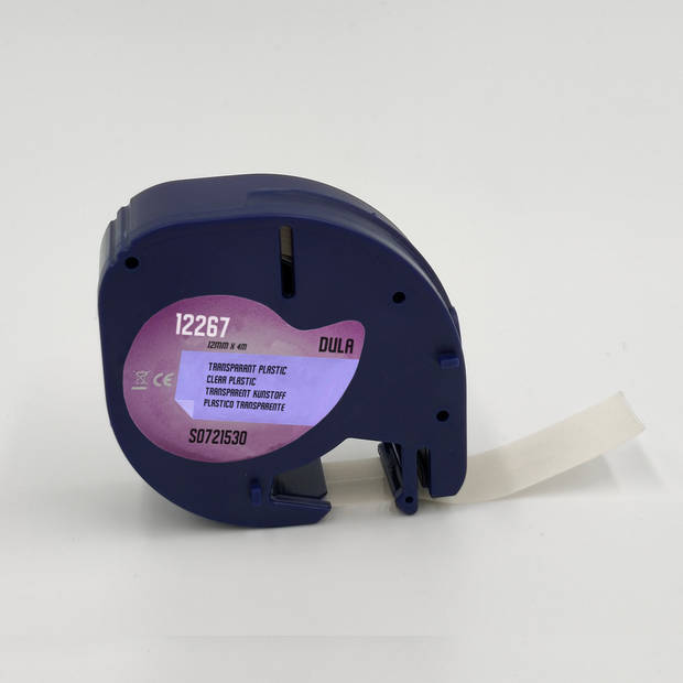 DULA label tape - Compatible met Dymo LetraTag 12267 / S0721530 - 1 stuk - Zwart op Transparant plastic - 12mm x 4m