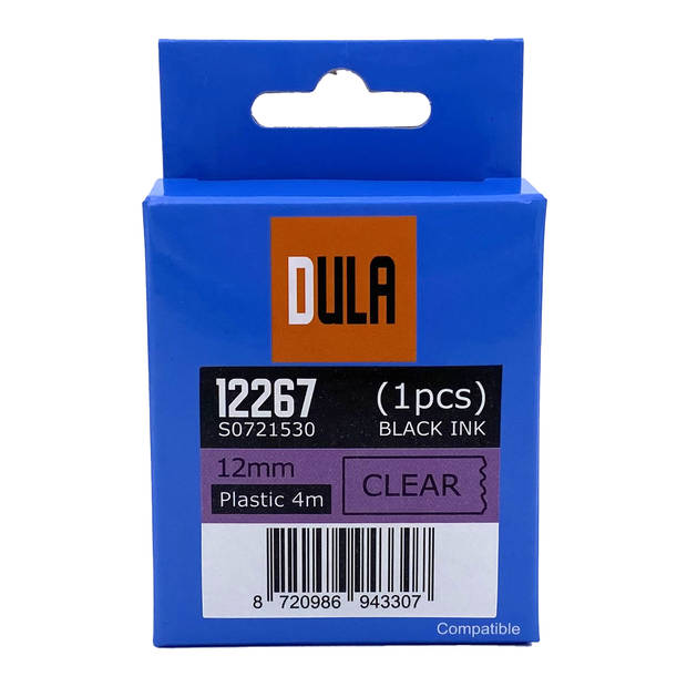 DULA - Dymo LetraTag 12267 - S0721530 - Label Tape - Zwart op Transparant plastic - 12mm x 4m - 1 Stuk