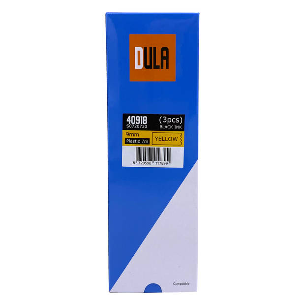 DULA label tape - Compatible met Dymo D1 40918 - 3 stuks - Zwart op geel - 9mm x 7m