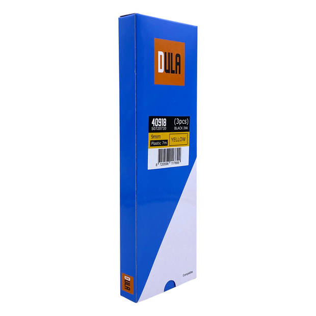 DULA label tape - Compatible met Dymo D1 40918 - 3 stuks - Zwart op geel - 9mm x 7m